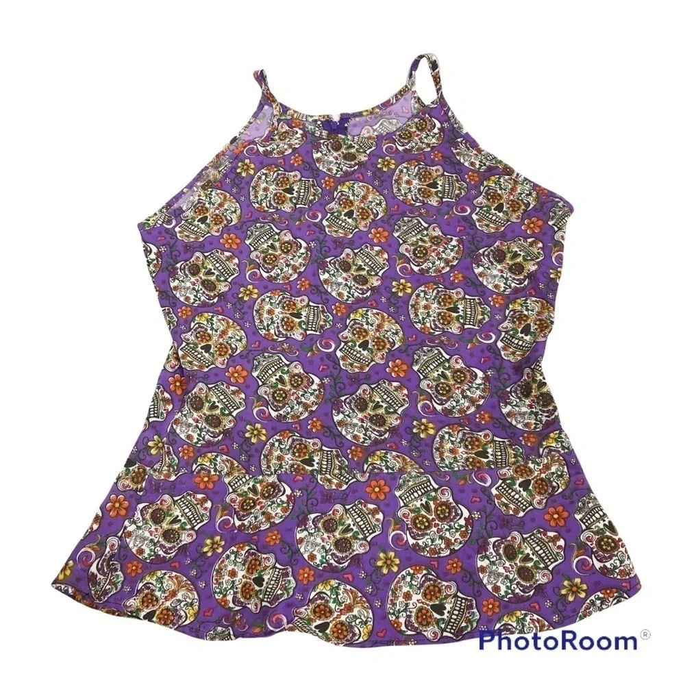 Sugar skull all over print peplum sleeveless tank top